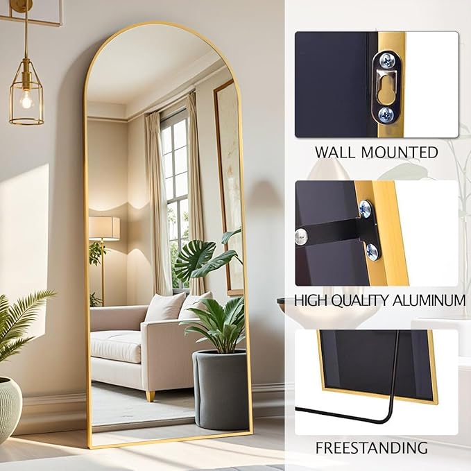 DMWOODFL 58"x18" Arched Full Length Mirror - Floor Standing or Wall Mounted with Stand, Aluminum Frame & Shatter-Proof Glass, Gold Freestanding Mirror for Bedroom, Living Room, Entryway Decor