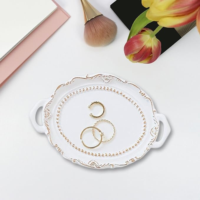 Makeup Perfume Organizer Cosmetic Trays Ornate Trays Ornament Decorative Trays Jewellery Organivsers for Table Housewarming Desk Countertops, White European Style