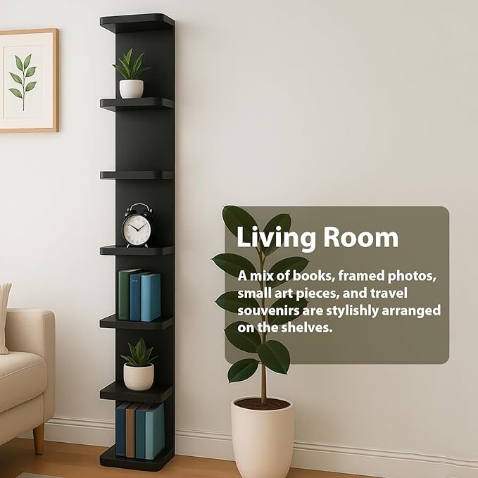 LitaEther Versatile 7 Tier Wall Shelf Unit,Black Lack Wall Shelf,Display Floating Shelf with Round Edge