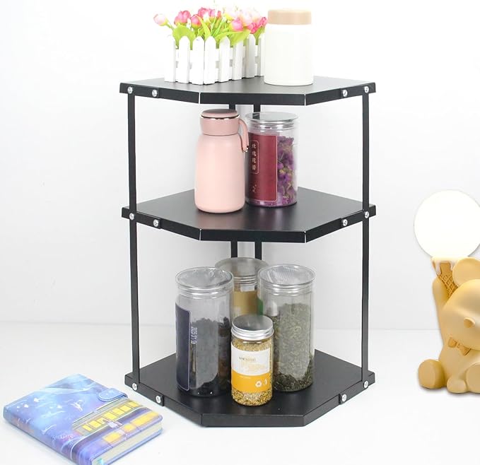 HUIJIN Black,3-Tier Kitchen Corner Rack,Shelves Corner Shelf Stand Holder,Multipurpose Triangular Storage Shelf Organizer,Corner Pot Rack