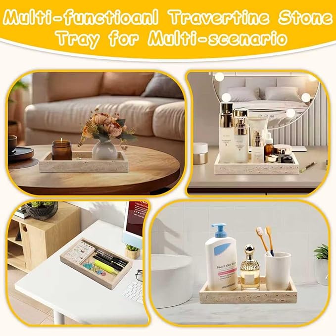 Natural Travertine Tray, 9.7x5.5 Inch Bathroom Vanity Organizer for Perfume Jewelry Candle Makeup,Decorative Stone Tray for Bathroom Toilet Tank Kitchen Sink Table, Beige