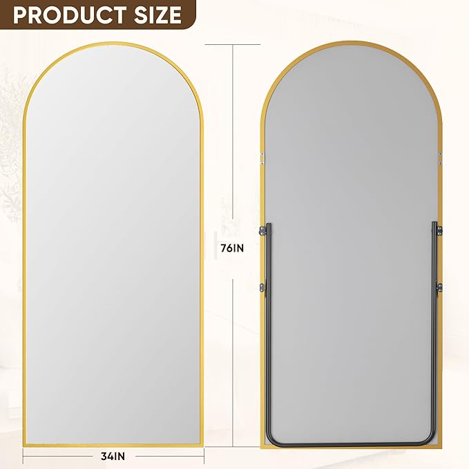 Antok Full Length Mirror, 76"x34" Floor Mirror with Stand, Hanging Mounted Mirrors for Bedroom, Living Room, Cloakroom, Dining Room, Gold, Arched