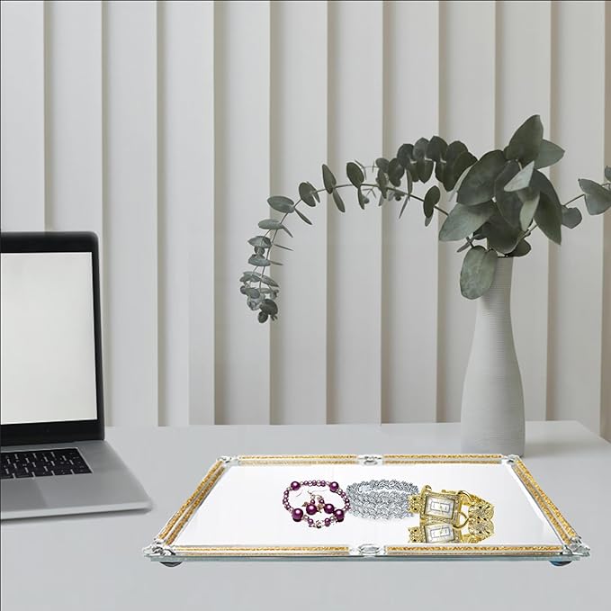 Large Gold and Glass Tray, 15.7" x 11.8" Crushed Diamond Mirror Perfume Makeup Display Tray, Noble Jewelry Trinket Cosmetics Crystal Makeup Organizer for Home Decor,Banquet Party (Golden)