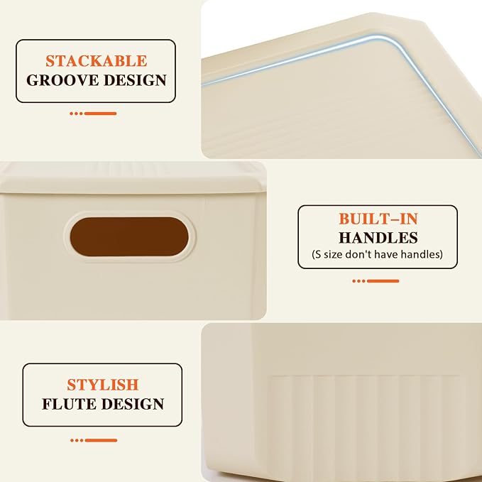 ANMINY 5PCS Plastic Storage Bins Containers with Lids, Large Storage Organization Bins Boxes, Lidded Plastic Storage Baskets for Closet Shelves Desktop, Ivory Lids, 2M + 3S