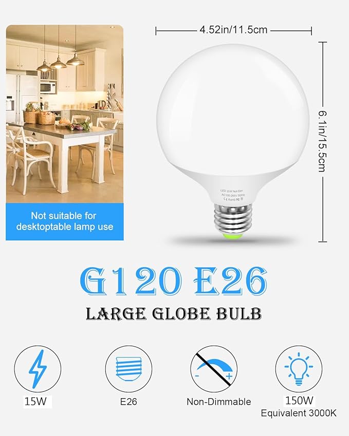 LED Light Bulb, G120 Large Globe Bulb, 15W(150W 200W Equivalent) Led Bulbs Warm White 3000K, 1800LM, CRI90+, Non-Dimmable, E26 Base, Perfect for Kitchen Living Room Office