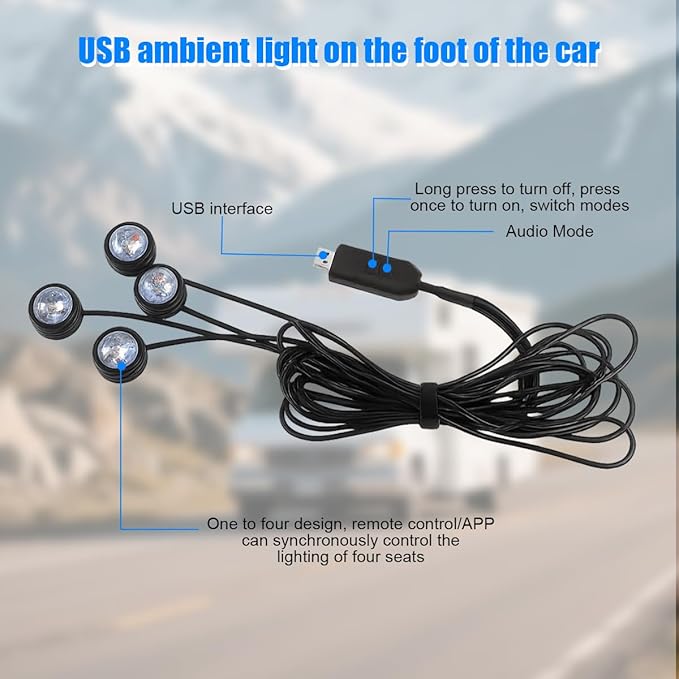 Car Interior LED Lights, 4 in 1 RGB Smart APP & Remote Control Vehicle Under Dash Neon Ambient Lighting with USB Port, Music Sync Auto Footwell Lamp, Universal for Truck SUV Sedan