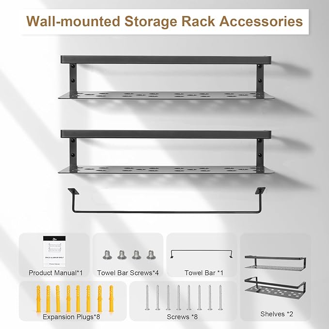 Uten Floating Shelves, Wall Mounted Iron Shelves Set of 2, Bathroom Storage Iron Shelves with Towel Rack, Wall Hanging Organizer Decor Shelf for Bathroom, Kitchen, Bedroom, Living Room