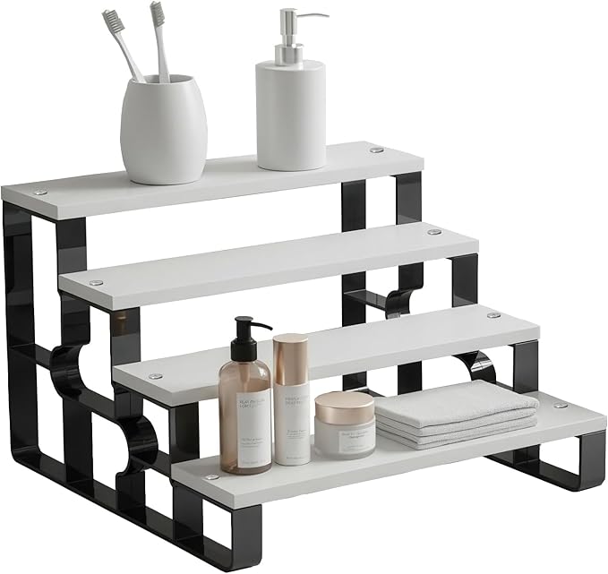 4-Tier Cologne & Perfume Display Shelf, 11.2" Wide White Wood Step Organizer, Makeup Organizer & Spice Rack for Bathroom Countertop, Bedroom Dresser & Kitchen