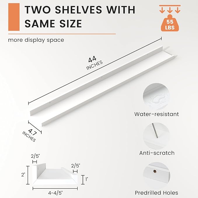 FLYJOE Picture Ledge Shelf, Floating Shelves Set of 2, 44 Inches Nursery Book Shelves for Toys Storage, Kids Bookshelf Wall Mounted for Living Room Bedroom Decor Books Photo Frames, White