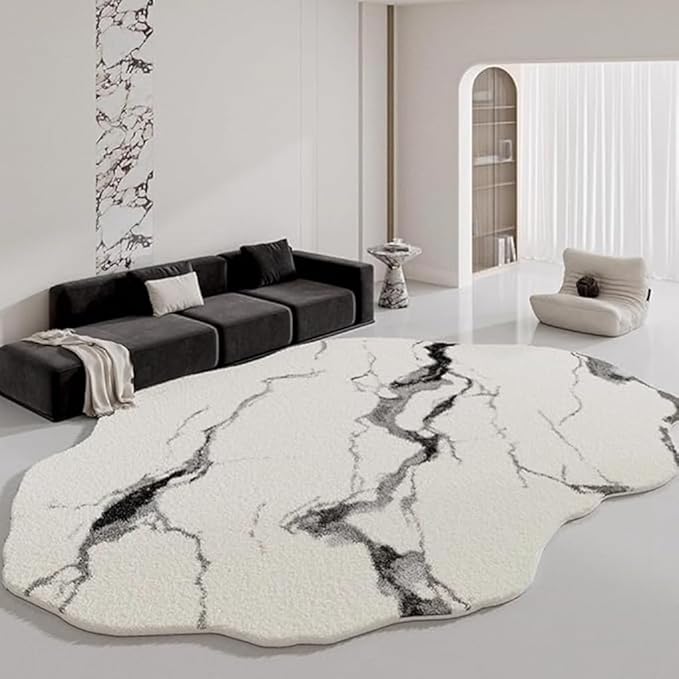 Modern Abstract Black White Grey Marble Pattern Irregular Shaped Area Rug for Living Room Bedroom Playroom Unique Designer Odd Shaped Rugs Faux Wool Carpet 5x7 Simple Boho Diningroom Anti Slip Mats