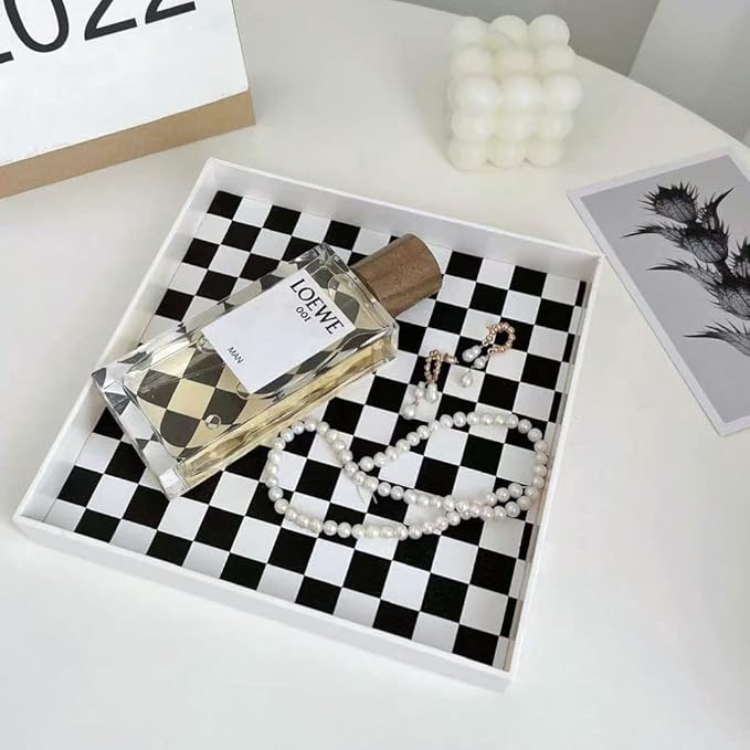 Ciandid Checkered Decorative Tray - Checkerboard Jewelry and Aromatherapy Reed Diffuser Vanity for Bathroom, White Dresser Organizer for Makeup and Perfume