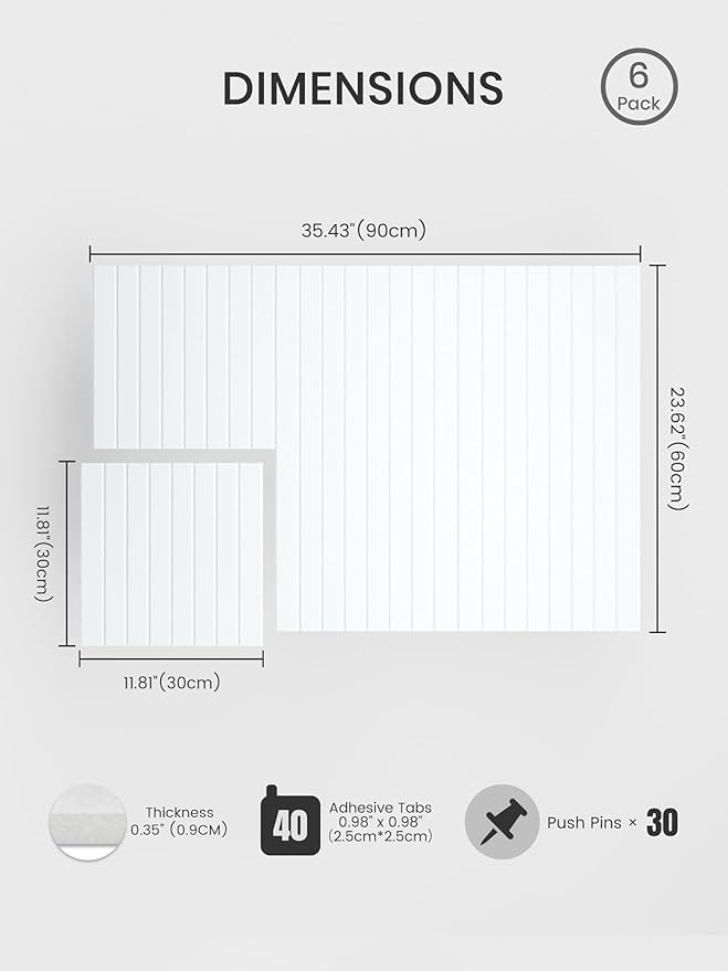 Bumusty Large Cork Board Alternative-36 x 24" Felt Bulletin Board Tiles, with 30 Pushpins, 40 Adhesive Tabs, Fine-Stripe 6-Pack, Cork Boards for Office Push Pin Board Felt Board-Cold White