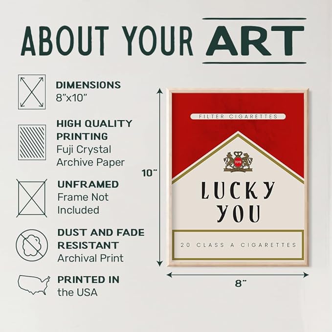 Cute Aesthetic Trendy wall decor - Lucky You Gallery Wall Art & Decor - 70s Retro Vintage Minimalist Modern art - Funky Decor - Maximalist Eclectic Home Decor - Preppy Positive Quotes Posters 8x10