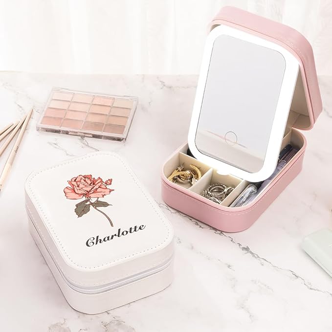 BYFDIY Custom Jewelry Box With LED Light and Makeup Mirror Leather Travel Jewelry Case Organizer Personalized Birth Flower Name Jewelry Boxes For Women