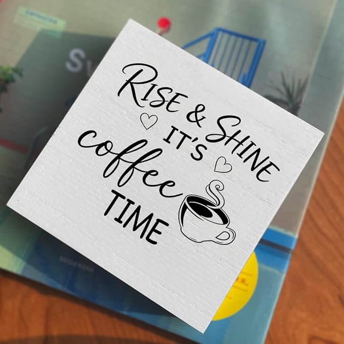 Farmhouse Coffee Bar Sign 5x5 Inch - "RISE & SHINE IT'S COFFEE TIME" Rustic Coffee Bar Decor, Farmhouse Style Shelf/Tabletop Decoration for Kitchen Café