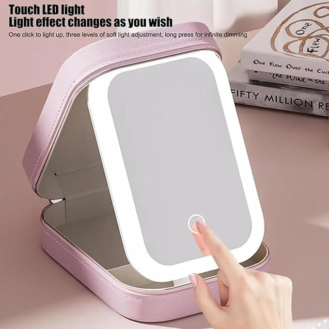 Integrated Makeup Storage Box With Light-Filling Mirror,Led Complementary Light Cosmetic Case,Makeup Storage Box With Led Light Mirror,Portable Cosmetics Case,Touch Control & Zipper Design (Pink)