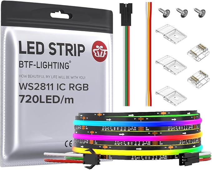 BTF-LIGHTING FCOB WS2811 IC RGB COB LED Strip DC12V 720LED/m 9.8FT Flexible High Density Uniform Chasing Color Light 20IC/m 12mm Width Black PCB for Indoor Decor(No Adapter or Controller)