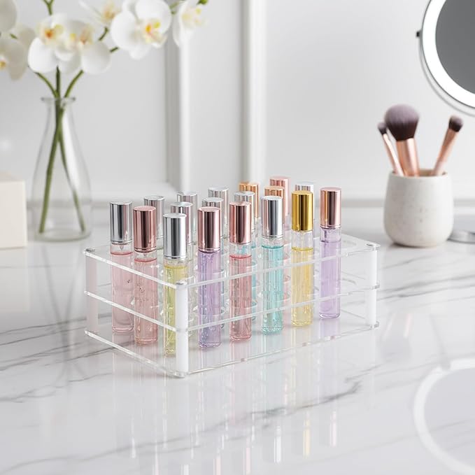 20-Space Rollerball Perfume Organizer, Clear Acrylic Perfume Holder & Display Stand, Lip Gloss Organizer, Beauty Fragrance Storage for Dresser