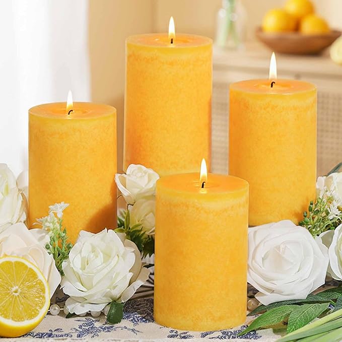 4 Pack Orange Lemongrass Sented Pillar Candles,60 H Long Burning,Natural Essential Oils,Non-Toxic,Refreshing Aromatherapy for Office Focus/Kitchen Deodorization/Living Room Ambience-2.8x4in