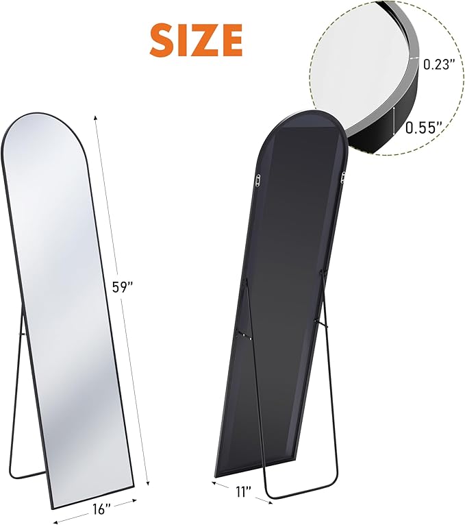 OLIXIS Black Arched Full Length Mirror 60"x16" for Bedroom, Full Body Mirror with Stand, Hanging or Leaning for Wall, Aluminum Alloy Thin Frame Floor Standing for Living Room