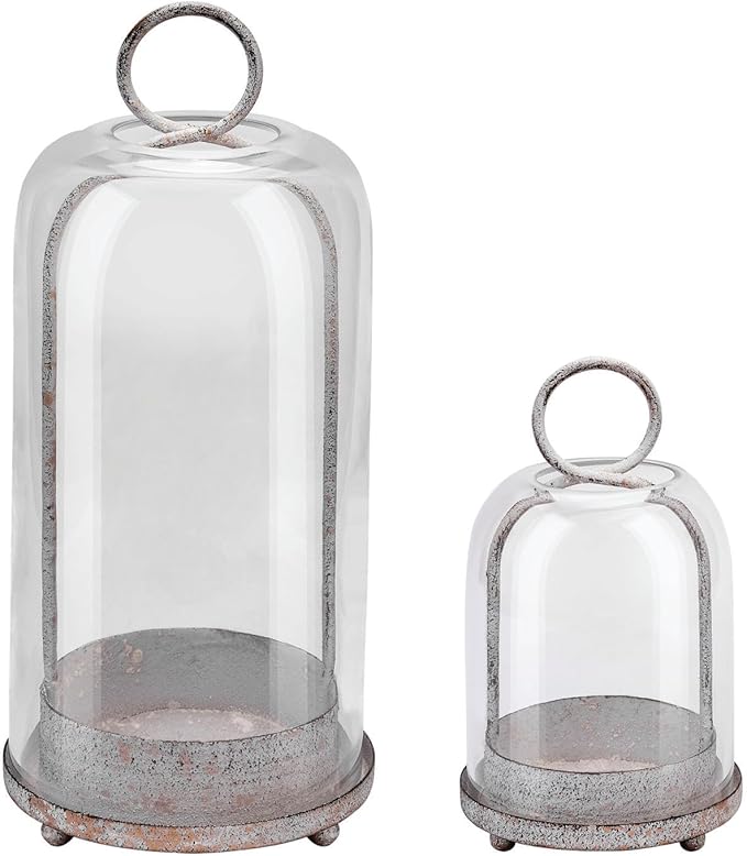 5" & 4" Wide Versatile Metal Candle Holder in Shabby White with Handmade Thick, Heavy & Sturdy Glass Dome for Pillar Candle, Industrial, Modern, Shelf, Mantel, Veranda, Porch