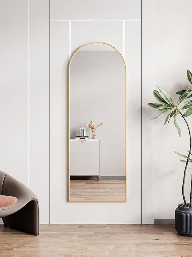 DMWOODFL Arched Over The Door Mirror 50x16 Full Length Hanging Mirror with Adjustable Height, Space-Saving, Shatterproof Tempered Glass & Aluminum Alloy Frame for Bedroom, Dorm, Entryway, Gold
