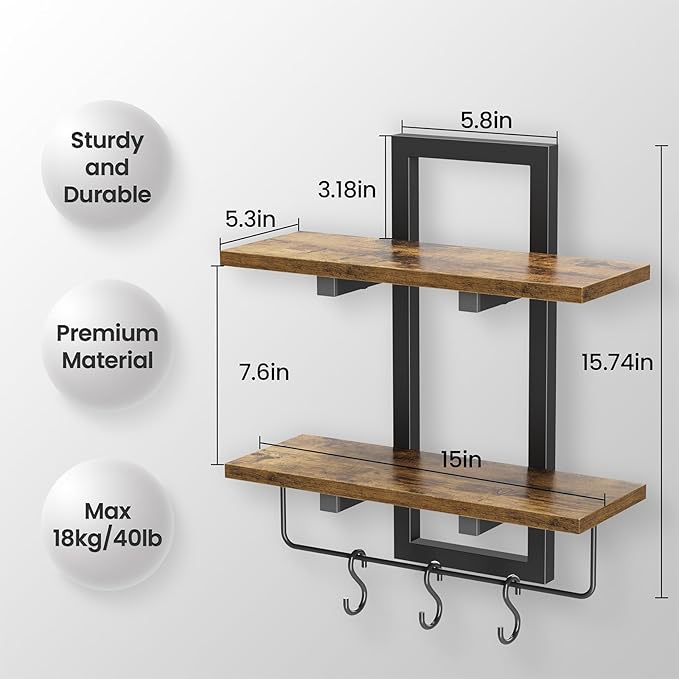 Creso hom Floating Shelves for Wall Set of 2, Wood Wall Shelf with 6 Hooks, 2 Tier Hanging Decorative Storage Shelves for Living Room Bedroom Bathroom Kitchen Office Coffee Bar, Rustic Brown
