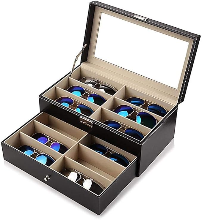 Makeup Organizers 12-Compartment Black Jewelry Box Storage Box Leather Double-Layer Jewelry Display Cabinet Lockable Storage Box Jewelry Case