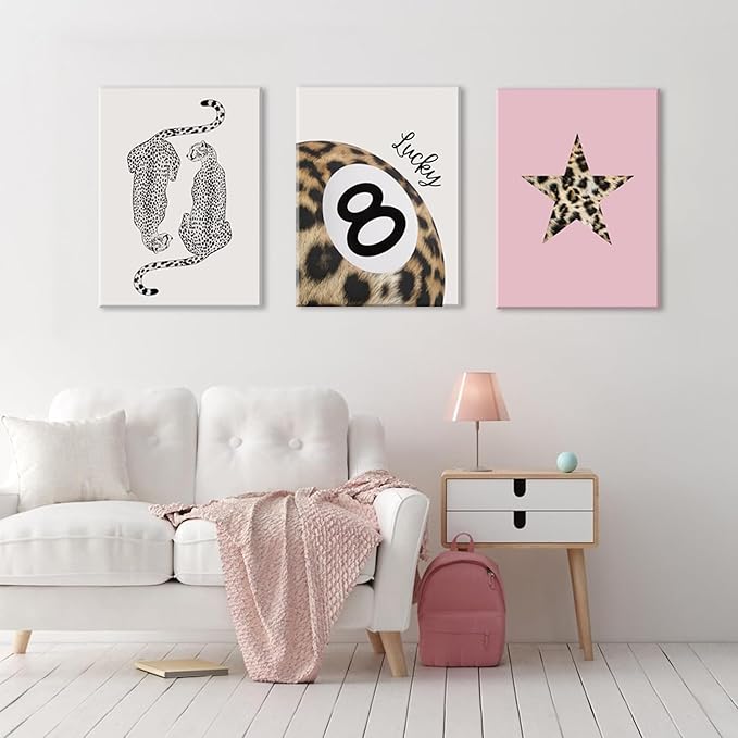 Hwetui Trendy Leopard Canvas Wall Art Set of 3 Funky Lucky 8 Ball Posters Prints Preppy Room Aesthetic Painting Cheetah Wall Decor Pictures for Girls Bedroom Apartment Dorm 16x24 Inch Framed