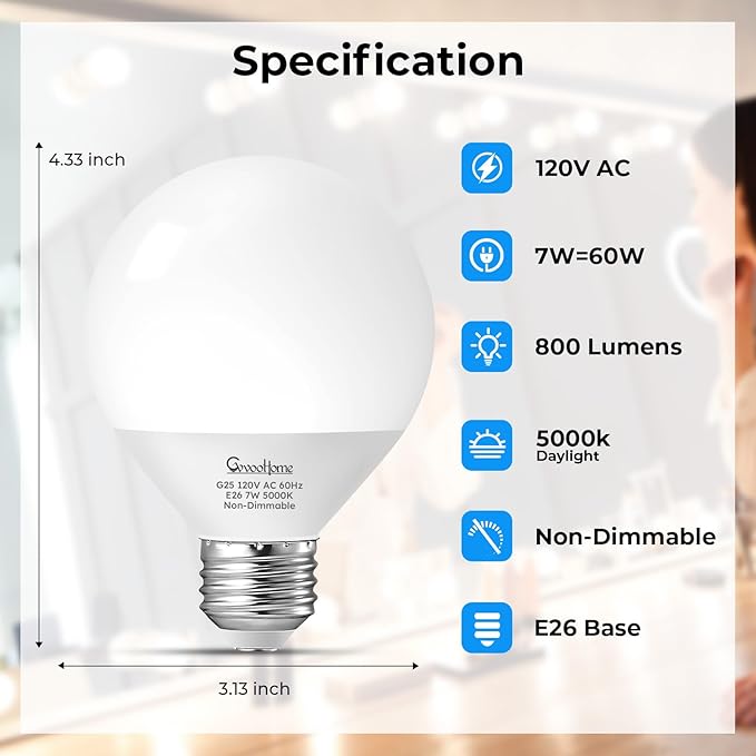 GvvooHome Vanity Light Bulbs for Bathroom, G25 LED Globe Light Bulbs for Makeup Mirror Dressing Room, 60W Equivalent, 5000K Daylight, 800LM, E26 Base, Non-Dimmable, 8-Pack
