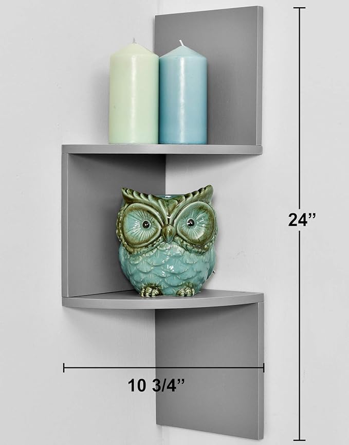 Greenco 2-Tier Corner Shelves, Gray Finish | Floating Wall-Mounted Home Decor Set | Corner Wall Shelf | Living Room, Bedroom, Bathroom, Office, House, Cubicle Accessories/Decorations/Storage/Organizer