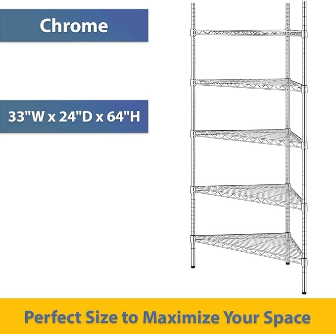 33" W x 24" D x 64" H NSF Chrome Triangle Heavy Duty Corner Shelving Kit, 5-Shelf Adjustable Wire Rack