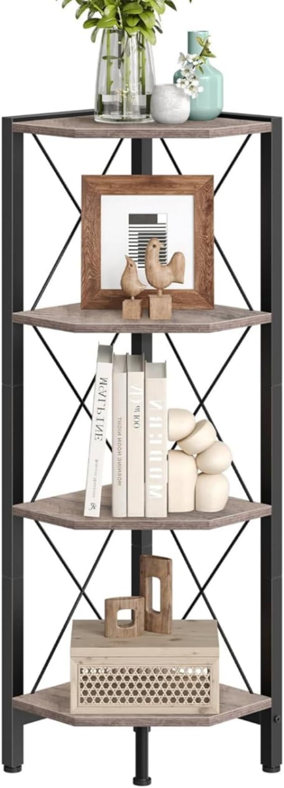 CHOEZON 4-Tier Corner Shelf, Corner Bookcase, 43.3" Tall Vertical Display Rack, Plant Stand, Open Storage Shelf, for Living Room, Bedroom, Study, Kitchen, Greige and Black TCJ14BG