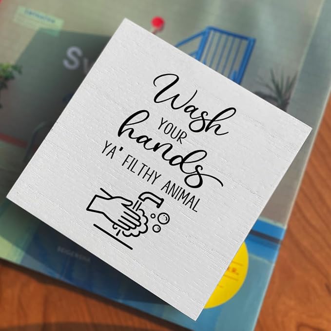 Funny Rustic Bathroom Decor Wooden Box Sign 5x5 Inch - "WASH YOUR HANDS YA' FILTHY ANIMAL" Humorous Restroom Shelf Table Decoration for Home