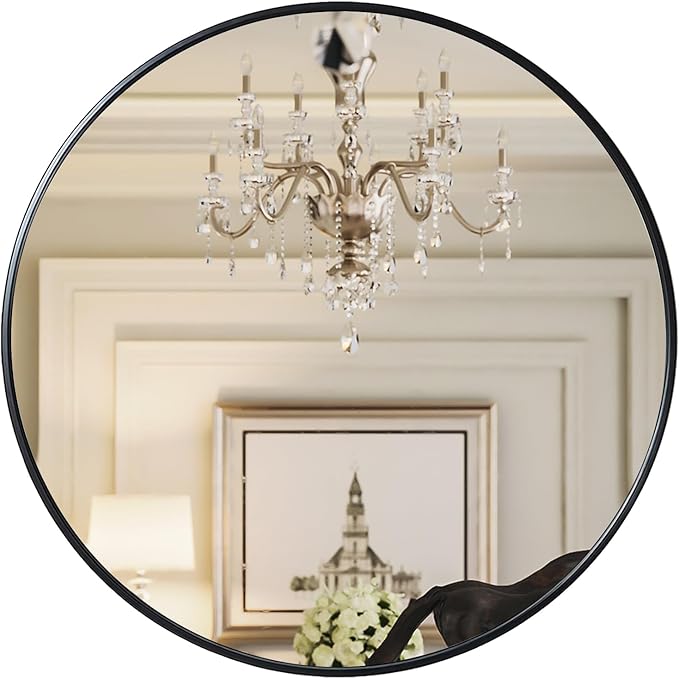 Growsun 30 inch Wall Round Mirror, Large Wall Mounted Circle Mirror Black Metal Frame for Bathroom, Entry, Dining Room, & Living Room