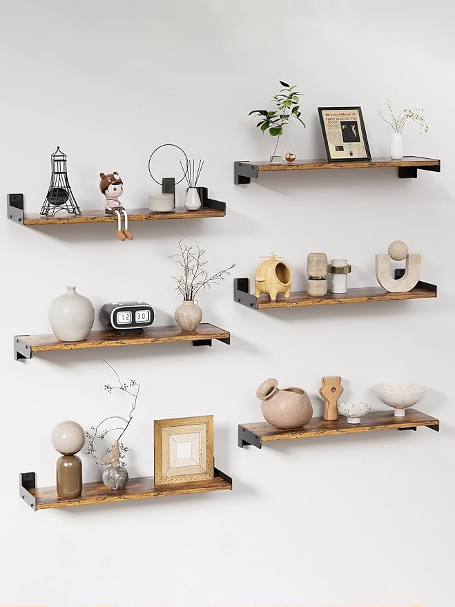 Floating Shelves for Wall, Shelves for Decor Storage Set of 6, Wall Mounted Wood Shelf for Bedroom, Living Room, Bathroom, Kitchen,Long Picture Ledge Shelves. (Brown)