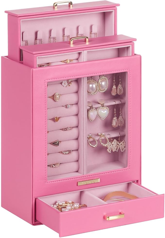 Homde Mothers Day Gifts Jewelry Organizer Girls Women Jewelry Box for Necklaces Rings Earrings Gift Bracelets Storage Case(Pink + Gold)