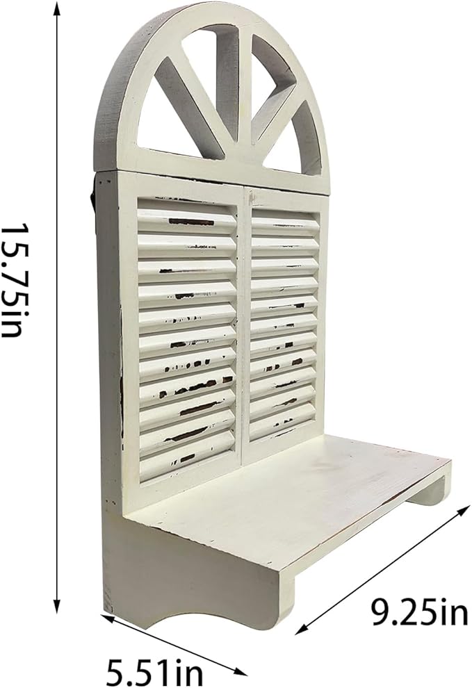 Rustic Arched Window Floating Shelf with 2 Key Hooks - Distressed White Farmhouse Wood Decor, Wall Mounted Storage Organizer for Entryway, Bathroom, Kitchen, Home Decor