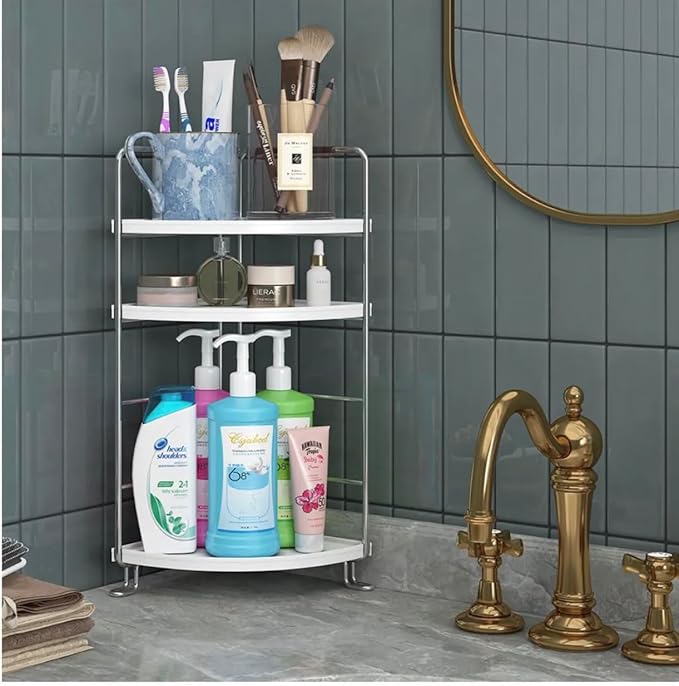 Generic 3-Tier Corner Storage Shelf Bathroom Countertop Organizer Stackable Makeup Storage., Small, White and Silver