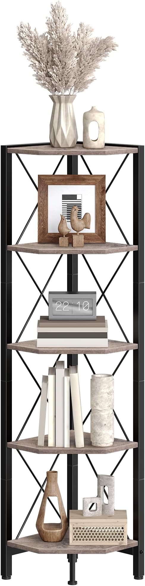 CHOEZON 5-Tier Corner Shelf, Corner Bookcase, 55.2" Tall Vertical Display Rack, Plant Stand, Open Storage Shelf, for Living Room, Bedroom, Study, Kitchen, Greige and Black TCJ12BG