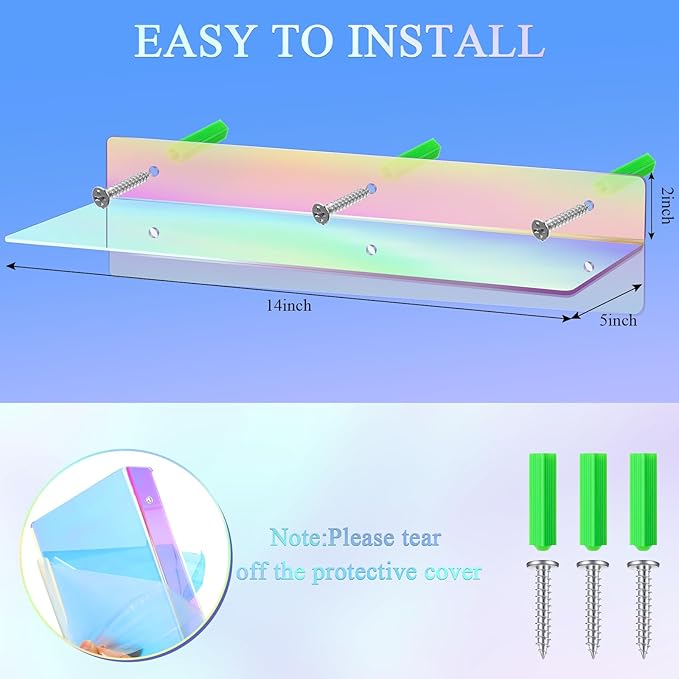 Blulu 8 Pcs Acrylic Floating Shelf, Invisible Wall Mounted Shelf for Book Plants Picture Makeup Record Display in Living Room, Bathroom, Bedroom, Kitchen, Office(14 x 5 x 2 Inches,Assorted Color)