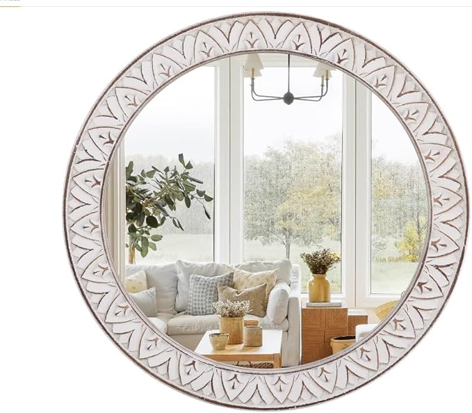 20" Rustic Distressed Wooden Round Mirror Wall Mounted for Bathroom Bedroom Living Room