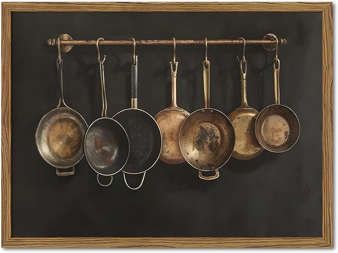 Framed Vintage Kitchen Canvas Wall Art, Farmhouse Pans Pictures Wall Decor Prints, Rustic Hanging Pots Paintings Poster Antique Home Decor Artwork for Dining Room Living Room 12x16 inch