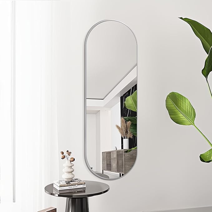 Niccy 48"×16" Oval Full Length Mirror, Long Oval Mirror with Unique Metal Frame Large Explosion-Proof Hanging Mirror for Living Room, Decorative Vanity Mirror for Bathroom, Bedroom, Silver