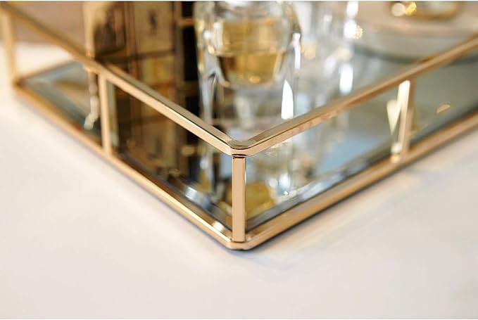 PuTwo Tray Mirror, Gold Dresser Ornate Tray Metal Decorative Tray Jewelry Perfume Organizer Makeup Tray for Vanity, Dresser, Bathroom, Bedroom