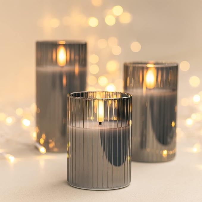 ANGELLOONG Gray Flameless Candles with Remote, Battery Operated Candles with Timer, LED Candle Flickering Pillar, Fake Electric Candles for Home Bathroom Shelf Decor, Set of 3