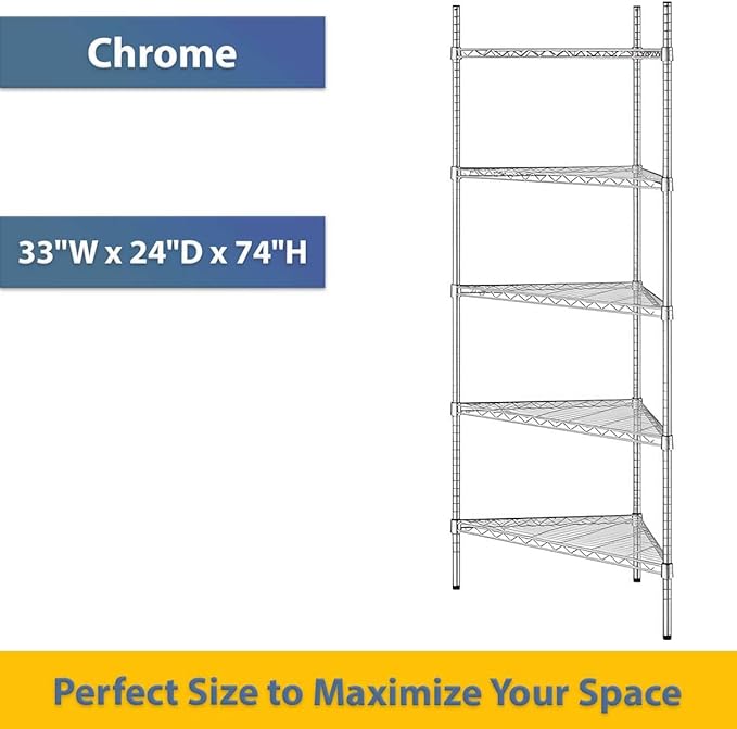 33" W x 24" D x 74" H NSF Chrome Triangle Heavy Duty Corner Shelving Kit, 5-Shelf Adjustable Wire Rack