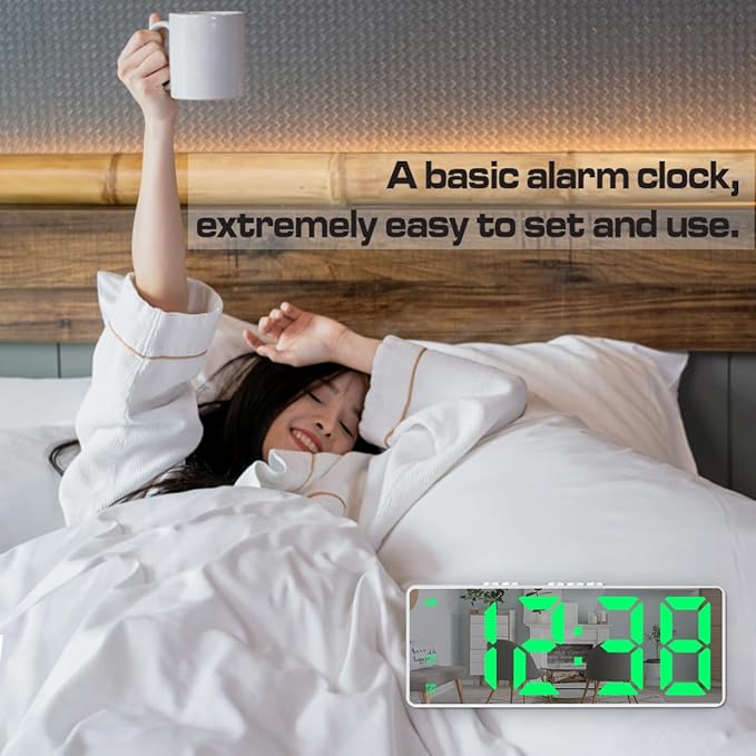 Small Digital Alarm Clock, Mirror Surface LED Electronic Clocks with Large Display, Adjustable Brightness and Snooze Model for Bedroom, Desk, Office, Whitecase Green Digit