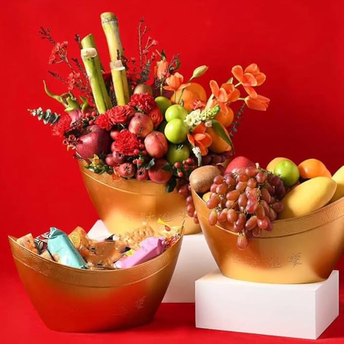 Yuanbaofu Bucket Golden Plastic Ingot Shape Wedding Housewarming Gift Storage Container Home Sundries Organizer New Year Flower Container Prosperity Basket 15.74X9.05X8.26In