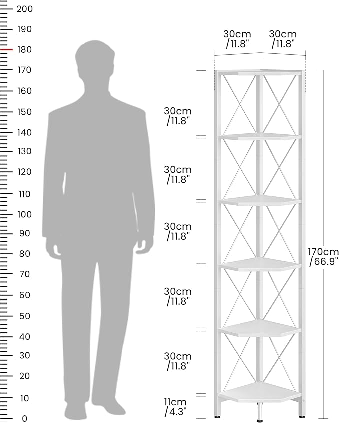 CHOEZON 6-Tier Corner Shelf, Corner Bookcase, 66.9" Tall Vertical Display Rack, Plant Stand, Open Storage Shelf, for Living Room, Bedroom, Study, Kitchen, White TCJ13WB